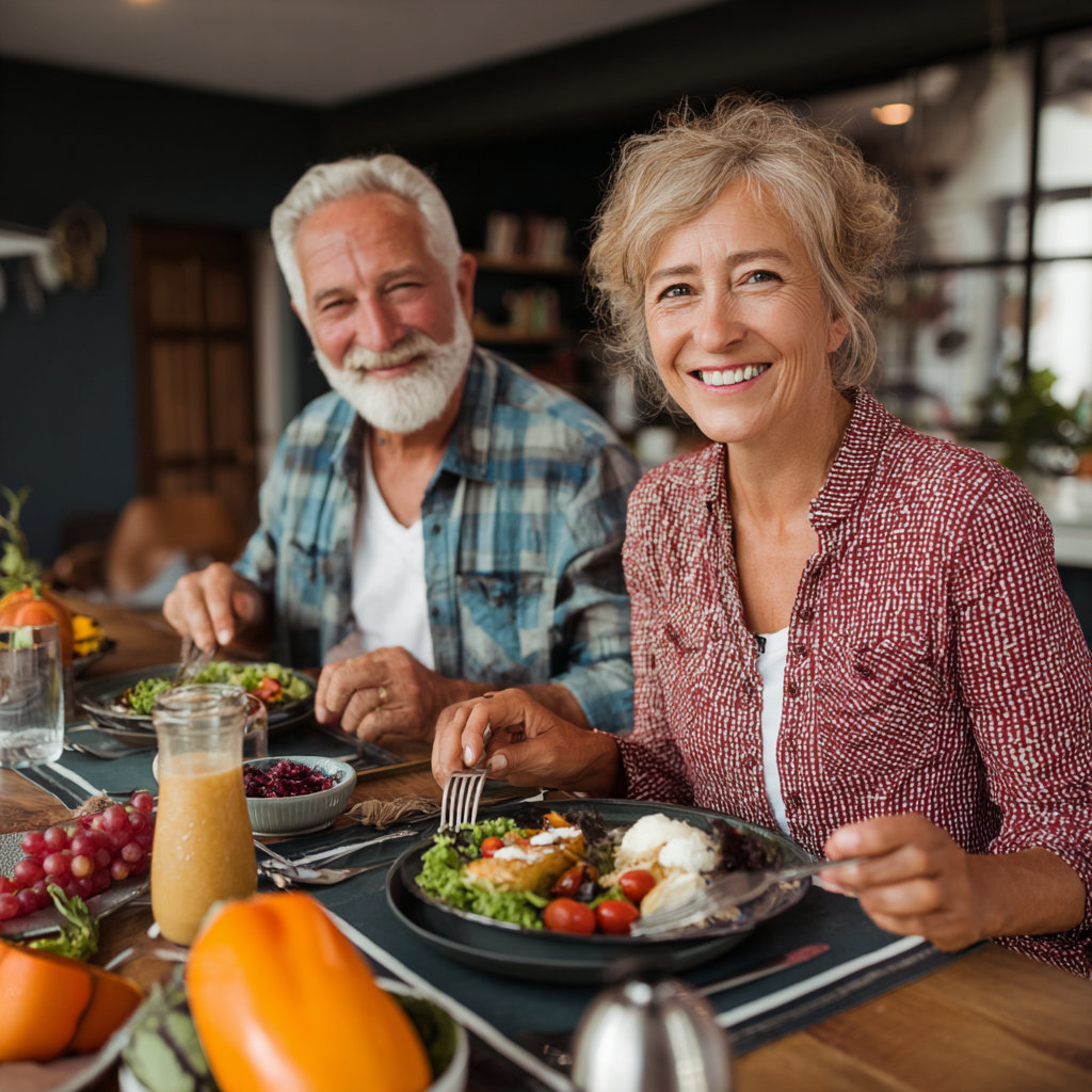Mature adults enjoying healthy diverse meals together